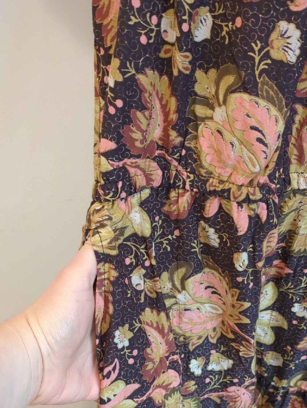 Western Boho Whimsy Cottage Sundance Brown Pink Floral Maxi Dress Size Large EUC - Picture 6 of 9
